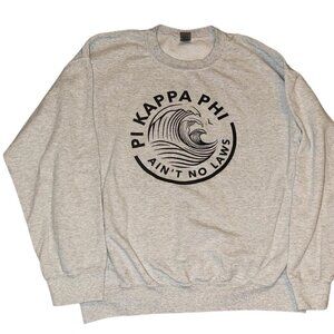 Grey fraternity crewneck sweatshirt with black graphic print